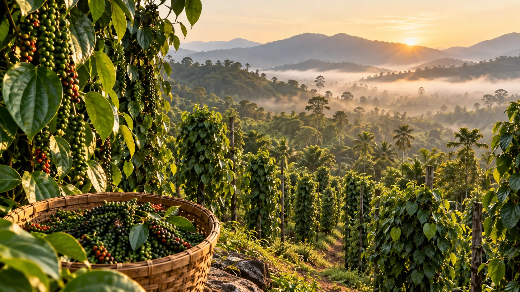 A pepper-growing landscape at sunrise, evoking the global journey of spices