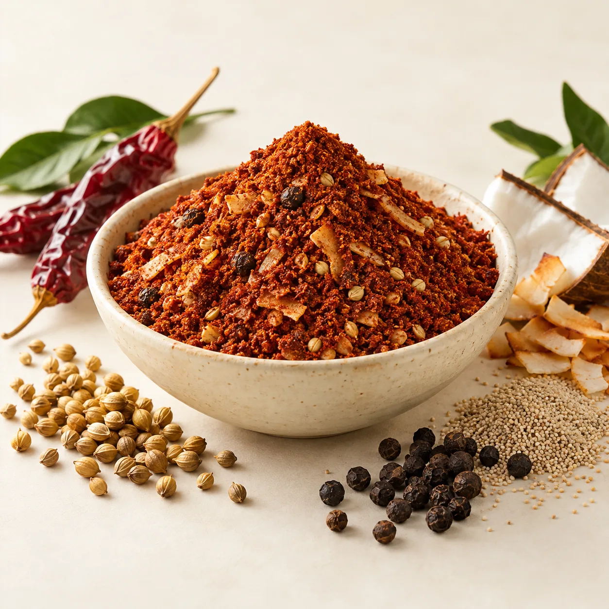 Xacuti masala in an ivory ceramic bowl with whole spices
